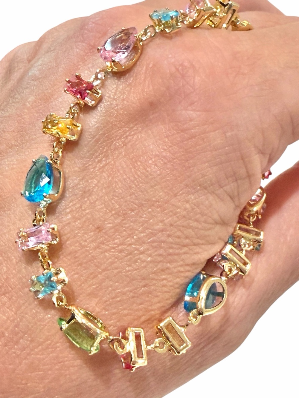 Gold Multicolor Gemstone Tennis Bracelet 7”